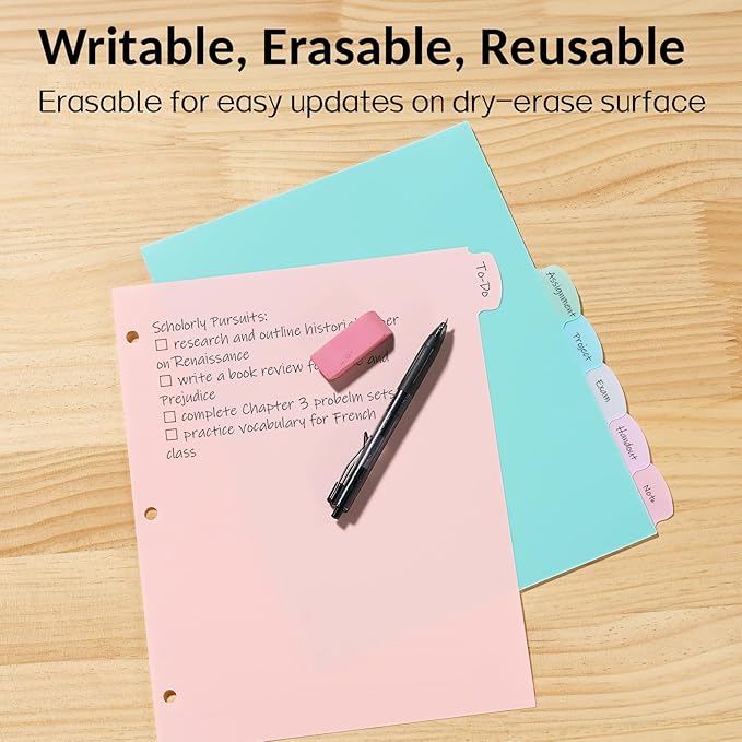 Sooez 8 Tabs Long-Lasting Plastic Write & Erase Large Tabs Dividers for 3 Ring Binder, Aesthetic Cute Pastels Binder Dividers for Student, Teacher, Office, Home Organizers, 1 Set, Muted