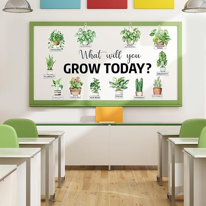 Spring Greenery Potted Plant Bulletin Board Set Motivational Eucalyptus Classroom Decorations What Will You Grow Today Positive Paper Cutouts for Back to School Chalkboard Wall Door Teacher Decor