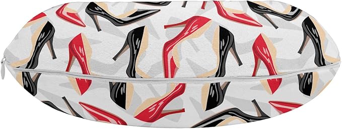 Ambesonne Red and Black Travel Pillow Neck Rest, Women Fashion Pattern with High Heel Stiletto Shoes Ladies Footwear, Memory Foam Traveling Accessory for Airplane and Car, 12", Scarlet Beige Black