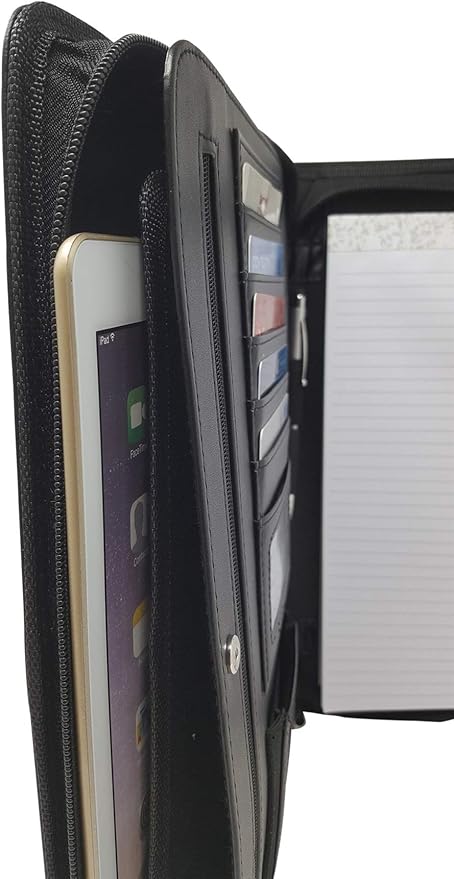 Customized Leather Portfolio Padfolio - Name/Logo Printed on Matt Black Personalized Faux Leather Business Portfolio Binder & Organizer Folder with 10.5 Inch Tablet Sleeve