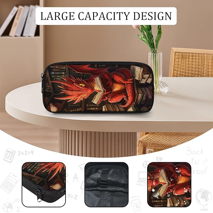 Dragon Backpack Set 3 Piece School Bags and Lunch Box with Pencil Case Funny Dragon Reading Bookbag Set for Toddler Kids Girls Boys Teens Kindergarten Elementary Middle