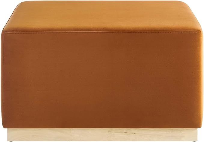 Modway Tilden 28 Inch Square Performance Velvet Upholstered Ottoman in Rust Natural - Large Ottoman Foot Rest with Rubberwood Plinth Base, Living Room Ottoman Coffee Table - Velvet Ottoman Table
