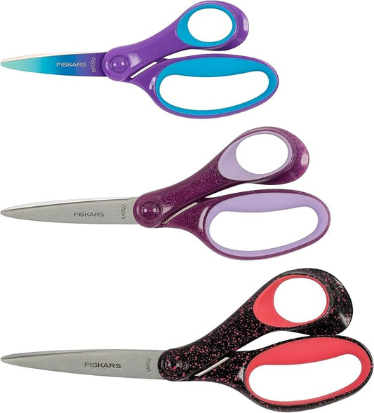 Fiskars Softgrip Scissors, Various Age Stages (3-Pack) for Ages 8+ to 15+, For School or Crafting, Back to School Supplies