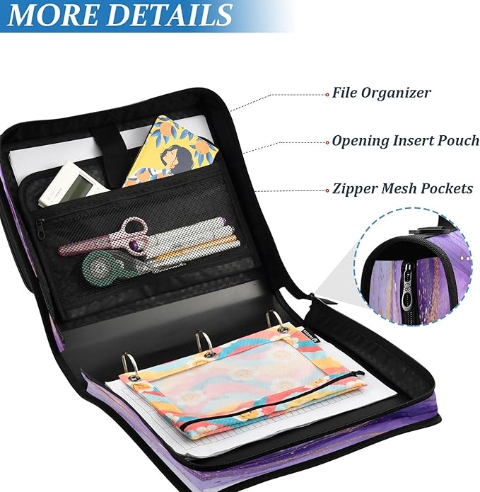 Purple Marble Waterproof Zipper Binder with Shoulder Strap, 3-Ring Trapper Keeper with Lay-Flat Design and Multiple Compartments for School & Office, Adults & Kids