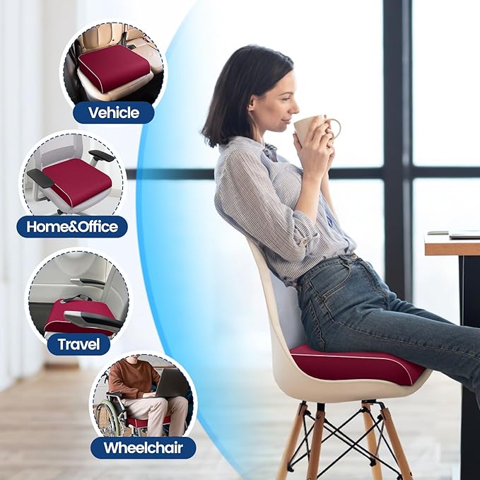 Seat Cushion for Tailbone Pain Relief, Office Chair Cushion, Memory Foam Large Chair Cushion with Non-Slip Cover for Soft Support at Office Chair, Car Seat, Airplane Red/Large