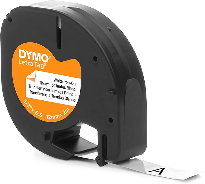 DYMO 18771 LT Iron-On Fabric Labels, 1/2-Inch x 6.5-Foot Roll, Black Print on White, Iron On, for LetraTag Printers
