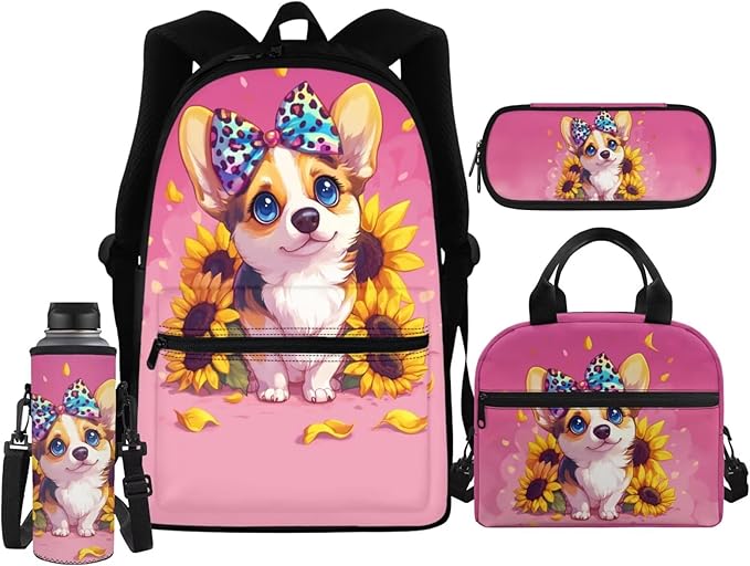 Corgi Dog Backpack for School Girls Boys 4-6 6-8 10-12 Kids School Bag Set with Lunch Bag Pencil Case Water Bottle Sleeve Elementary Preschool Kindergarten School Bookbag