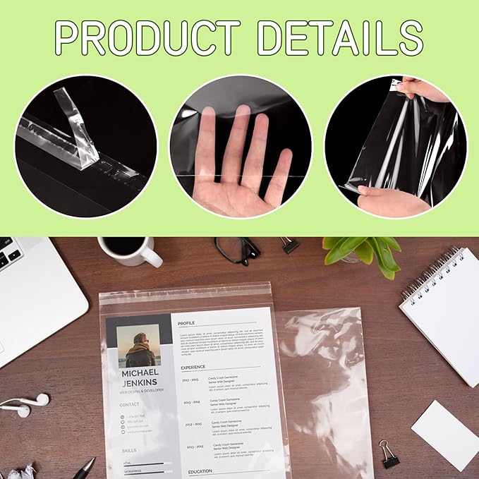 200 Pack 8.5 x 11 Inch Crystal Clear Sleeves Storage Bags, Letter Size Self Sealing Cellophane Bags Resealable Page Protectors Artwork Protectors Photocard Paper Pocket