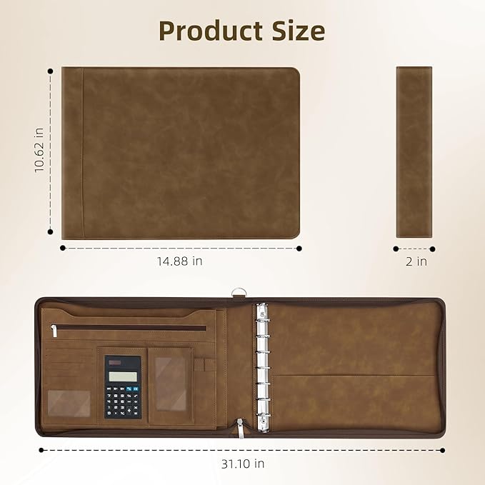 Ospelelf Brown Zippered 7 Ring Check Binder for Business Checks (9" x 13"), 1 Inch Faux Leather Checkbook Portfolio with Zipper Pouch, Professional Binder for Organizer Accountants, Home Use