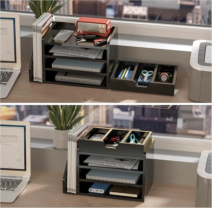 Multi-Tier Wood Desk File Organizer, 3 Tray Shelves & Adjustable Drawer - Space-Efficient Design for Efficient Office Setup, Reduces Desk Clutter (Black)
