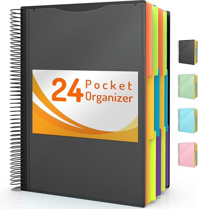 Forvencer 24 Pocket Project Organizer, 1/3-cut Tab Binder Organizer with Sticky Labels, Multi Pocket Folder with Zipper Pouch, Folder Binder Spiral Pocket Notebook, Office Supplies