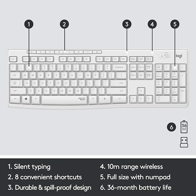 Logitech MK295 Wireless Mouse & Keyboard Combo with SilentTouch Technology, Full Numpad, Advanced Optical Tracking, Lag-Free Wireless, 90% Less Noise - Off White (Renewed)