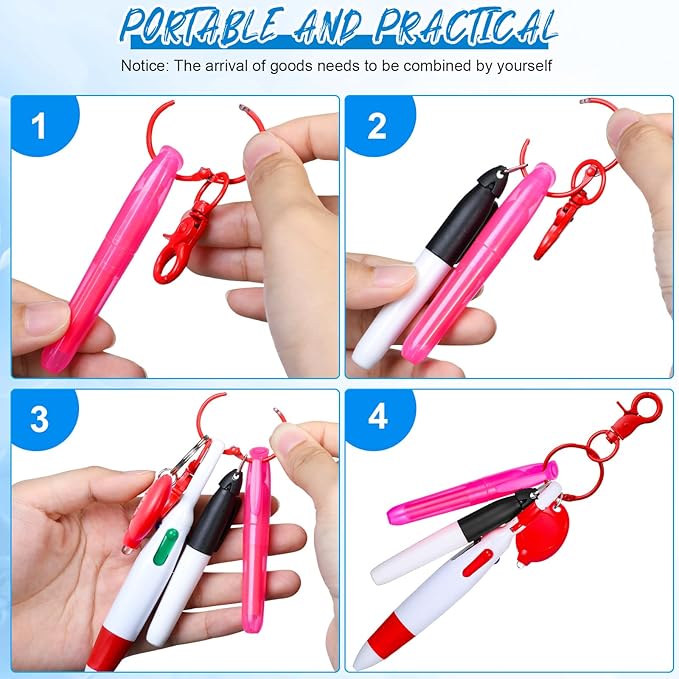 Chinco 30 Pcs Retractable Shuttle Pen Clip with Mini Highlighter Nurse Badge Pen Neon Marker LED Keychain Ring Clip