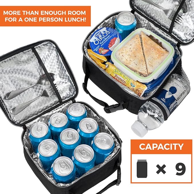 opux Insulated Lunch Bag Kids, Lunch Box for School Boy Girl, Leakproof Small Reusable Compact Soft Mini Cooler Bag, Toddler Small Lunch Boxes Kit Pail with Front Side Pockets (Black)