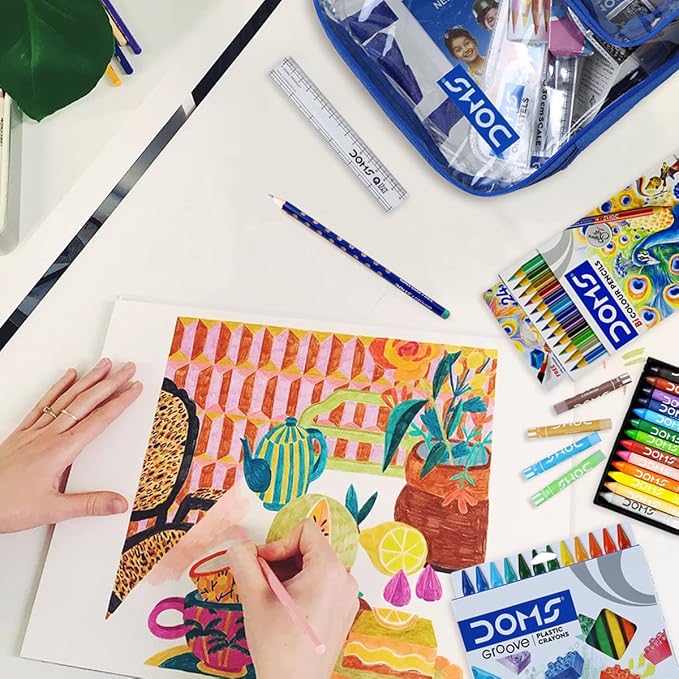 Doms Smart Kit - Drawing Book, Water Colour Pen Min, 25 Oil Pastel, 16 Wax Crayons, Groove Triangle Pencil Pack, 12 Aqua Water Colour Pencil