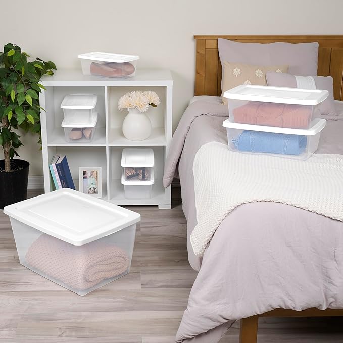 Sterilite 45 Pack Storage Box, 12 Quart Stackable Tote, Clear Plastic Container with Secure Snapping Lids for Home and Office Organization, White