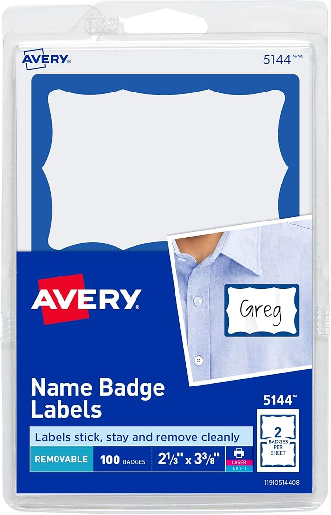 Avery Customizable Name Tags, 2-1/3" x 3-3/8", White with Blue Border, 100 Removable Name Badges (05144)