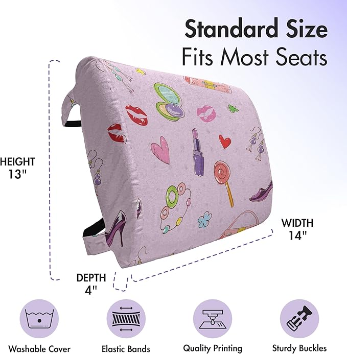 Ambesonne Cartoon Lumbar Back Support Pillow, Girls Illustration with Fashion Accessories and Makeup Lollipop Flower Print, High Density Foam for Office Chairs Car Seats, 14" x 13", Pink Purple