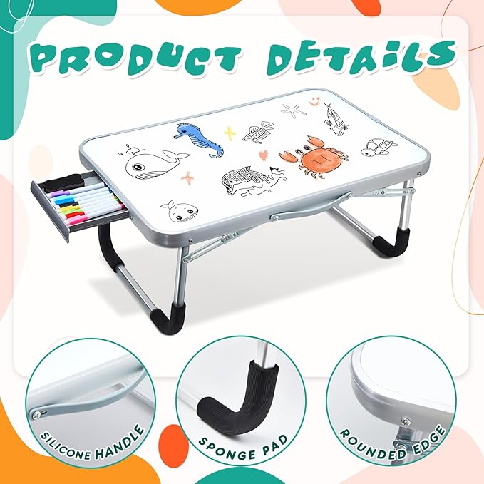 Suzile 2 Pcs Lap Desk with Dry Erase Board, 24"x16" Foldable Study Table with Storage Drawer, Markers & Eraser, Portable Learning Desk for Homeschool, Homework & Drawing, Writing, School Supplies