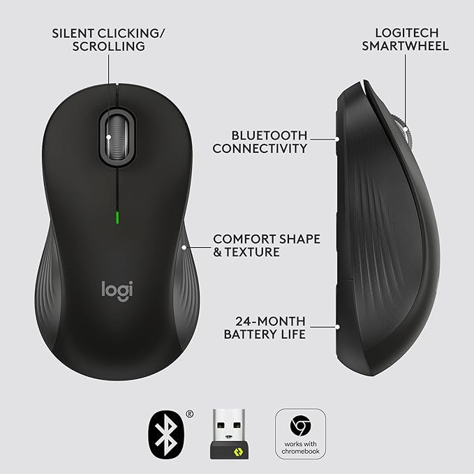 Logitech Signature M550 L Full Size Wireless Mouse - for Large Sized Hands, 2-Year Battery, Silent Clicks, Bluetooth, Multi-Device Compatibility - Black