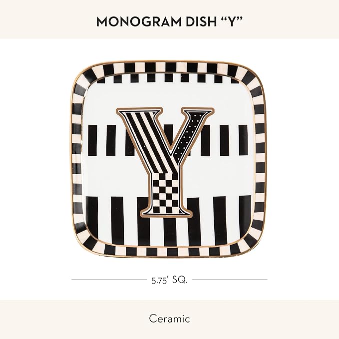 MACKENZIE-CHILDS Monogram Dish, Decorative Ceramic Letter Plate, 5 3/4" Square, Y