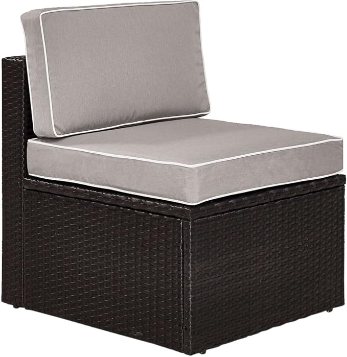 Crosley Furniture Palm Harbor Armless Outdoor Sectional Chair, Wicker Patio Chairs for Porch, Deck, Backyard, Brown with Gray Cushions