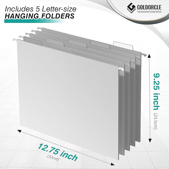 Hanging File Organizer, Letter-Size File Holder Filing Box with 5 Hanging Folders, Metal Mesh Desk File Folder Storage(No Assembly Required) (with 5 Grey Folders)