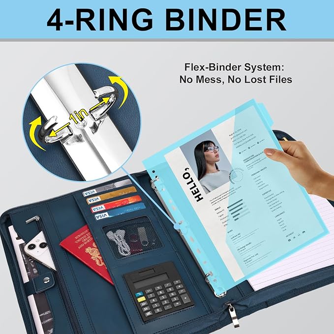 Eshow Portfolio Organizer - 3 Ring Binder with Zipper, Vegan Leather Business Padfolio Folder with Notepad Includes 5 Color Sheet Protectors for Documents Files for Men Women