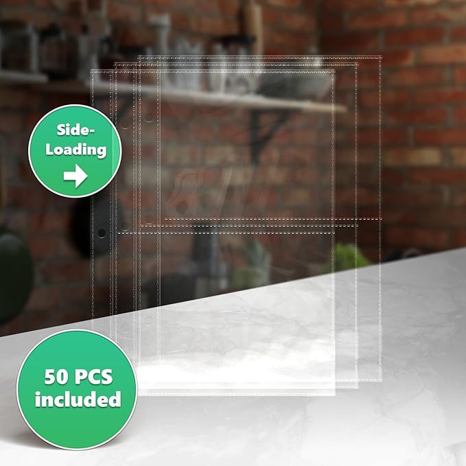 100 Pockets Mini Sheet Protectors fit 4x6'' Cards (Pack of 50) for 8.5x9.5’’ Mini Binders, Half Binders, Recipe Book Page Refill Sheets, 2 Pocket Index Card Protectors, Crystal Clear Covers