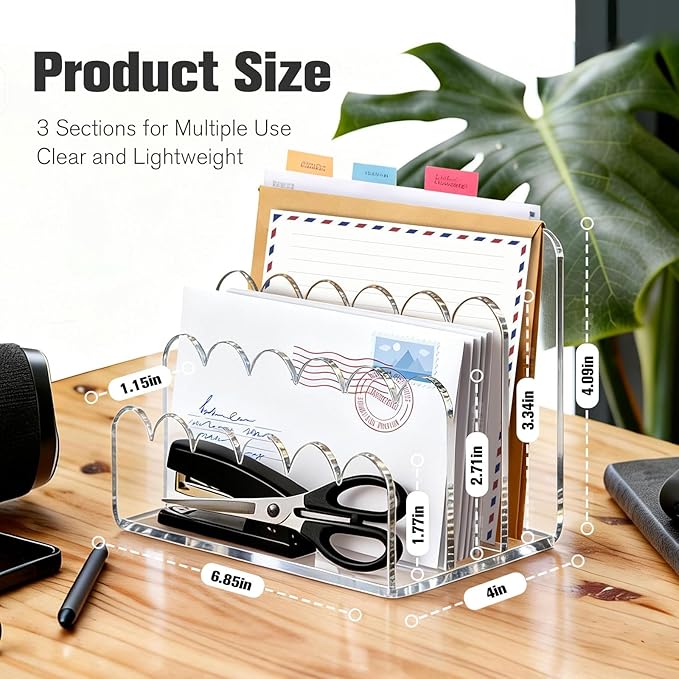 Acrylic File Mail Desktop Organizer Sorters,3 Upright Compartments Laddered, Vertical File Holder for Office/Home, Space-Saving Desk Organizer for Letters, Envelope, Bills, Stationery