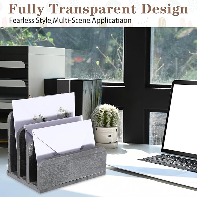 Wooden Mail Holder 3 Slots Mail Organizer for Desk Wood File Paper Letter Sorter for Letter Envelope Filing Cell Phone Document Storage, Organizer Tray for Office and Home (Grey)