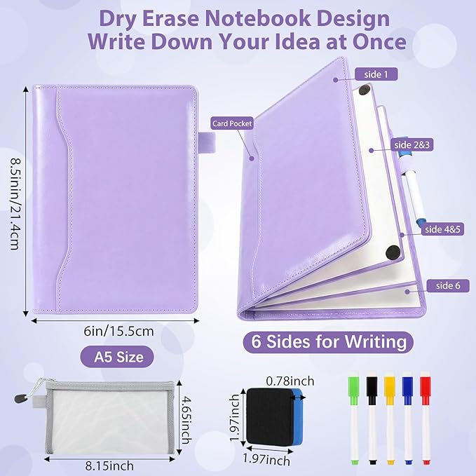 6 Sides Dry Erase Notebook Portable Whiteboards Notebook 9"x6"(a5) Small Reusable Whiteboard Notepad Foldable Anti-ghosting Surface, Travel White Board for Office Study Meeting Planning