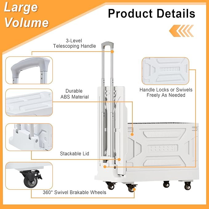 VECELO 23 GAL Large Capacity Foldable Utility Cart with Wheels - Heavy Duty Collapsible Rolling Cart for Shopping, Travel, Office & Home - Portable Luggage Cart with Telescoping Handle, White