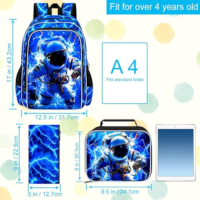 KLFVB 3PCS Lightning Bookbag for Boys, 17" Astronaut Backpack and Lunch Box, Water Resistant Teenagers School Backpacks for Middle Elementary - Lightning Space Adventure