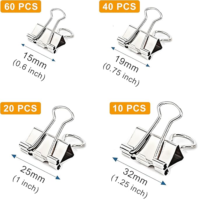 130 Pack Silver Binder Clips Assorted Sizes, Large Medium Small Mini 4 Sizes Mix, Paper Clamps Metal Paper Clips Set for Office School Home Business Supplies