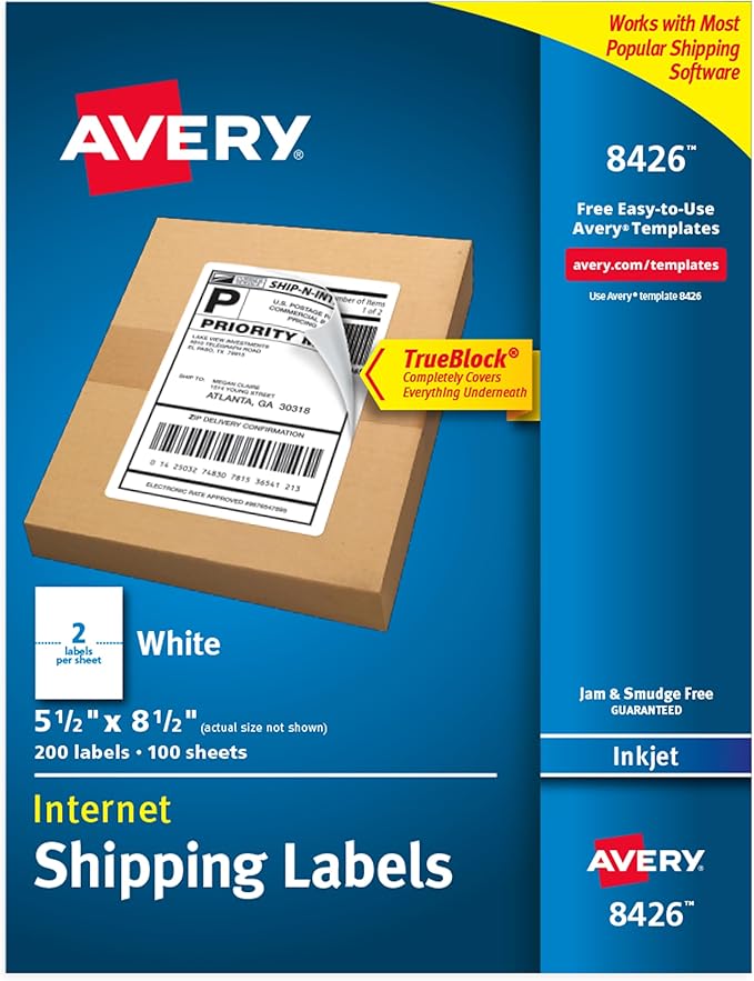 Avery Half-Sheet Printable Shipping Labels, 5.5" x 8.5" Customizable Stickers, White, 200 Blank Mailing Labels, Great for Mailing, Shipping, Organizing, and More (8426)
