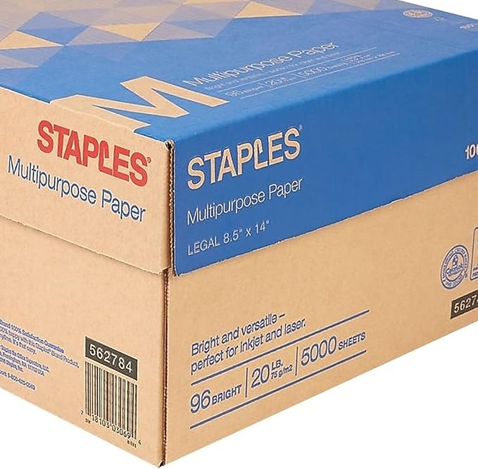 Staples Multipurpose Paper, 8 1/2 inch x 14 inch, Case, For Office, School & Home