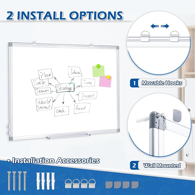 DOLLAR BOSS Dry Erase Board, 36 x 24 Inch Double-Sided Magnetic Whiteboard for Wall Silver Aluminum Frame for Office School Home with 8 Magnets 4 Markers 1 Eraser 1 Detachable Pen Tray