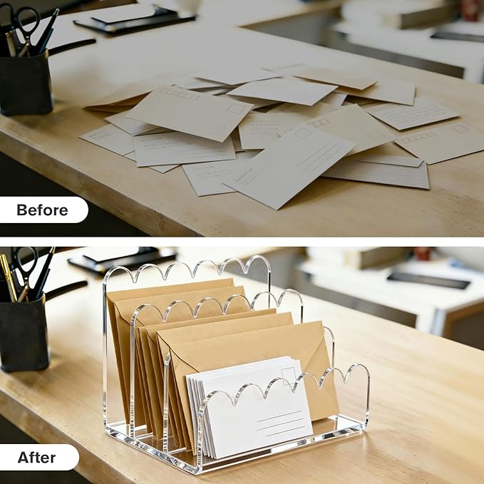 Acrylic File Mail Desktop Organizer Sorters,3 Upright Compartments Laddered, Vertical File Holder for Office/Home, Space-Saving Desk Organizer for Letters, Envelope, Bills, Stationery