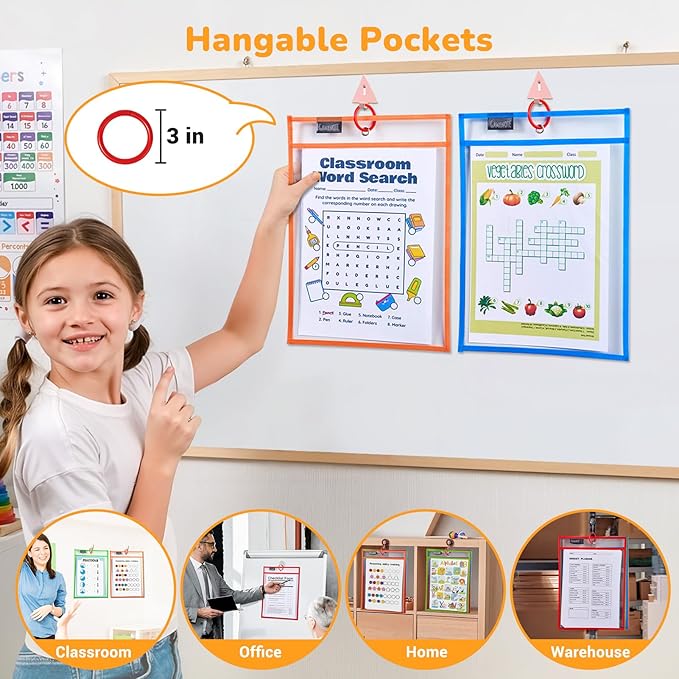 Gamenote 70 Pack Dry Erase Pockets with 5 Rings, 10 Assorted Colors 10x14 Oversized Reusable Plastic Sleeves, Clear Sheet Protectors, Teacher Supplies for Classroom Organization