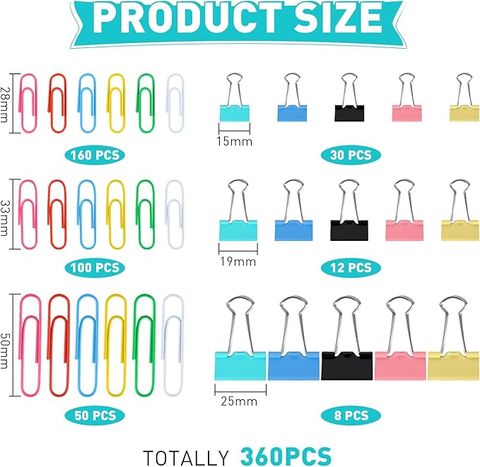 Utron 360PCS Paperclips and Binder Clips Set, Assorted Size Clips Office Supplies in Container with Compartments, Colorful Office Paper Clips for Office and School Supplies, Document Organizing