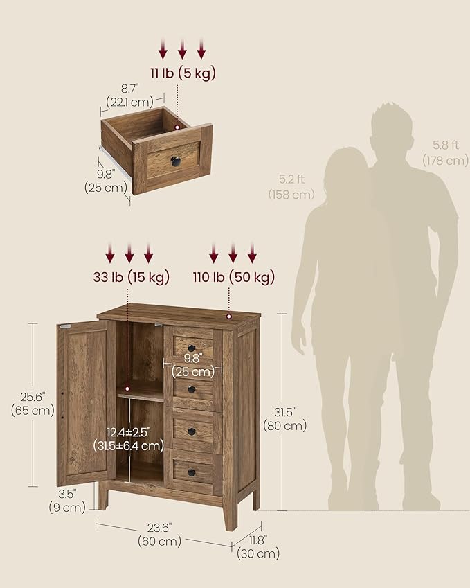 VASAGLE LIRY Collection - Storage Cabinet, Farmhouse Bathroom Floor Cabinet with 4 Drawers, Freestanding Storage Organizer, Barn Door, Adjustable Shelf, Honey Brown, UBBK753K01