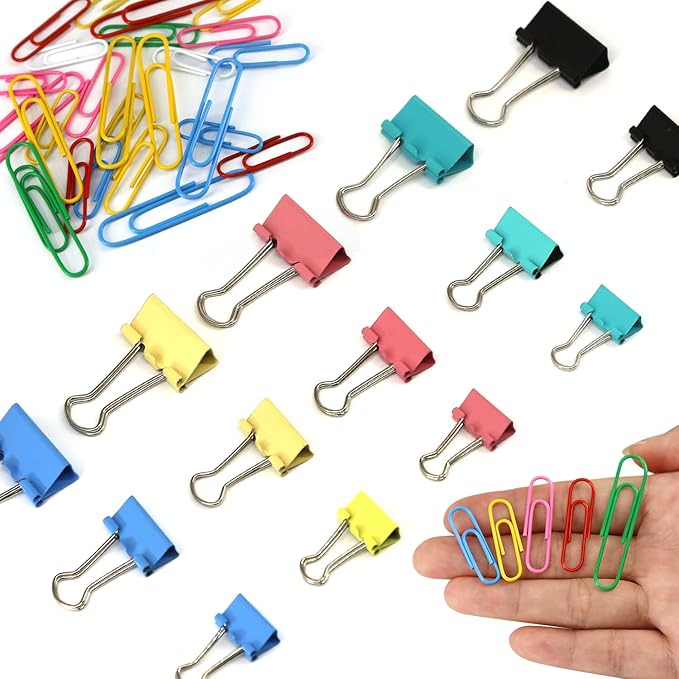 Paper Clips Binder Clips, 340PCS Assorted Size Paper Clips and Binder Clips, Colored Paperclips Large Medium Small, Binder Clip and Paper Clip Set for Home School Office Supplies