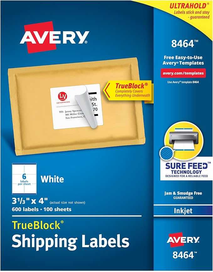 Avery Shipping Labels, Sure Feed Technology, 3-1/3" x 4", White, Inkjet Printable, Permanent Adhesive, 600 Blank Mailing Labels per Pack, 3,000 Total (5 Packs of 8464)