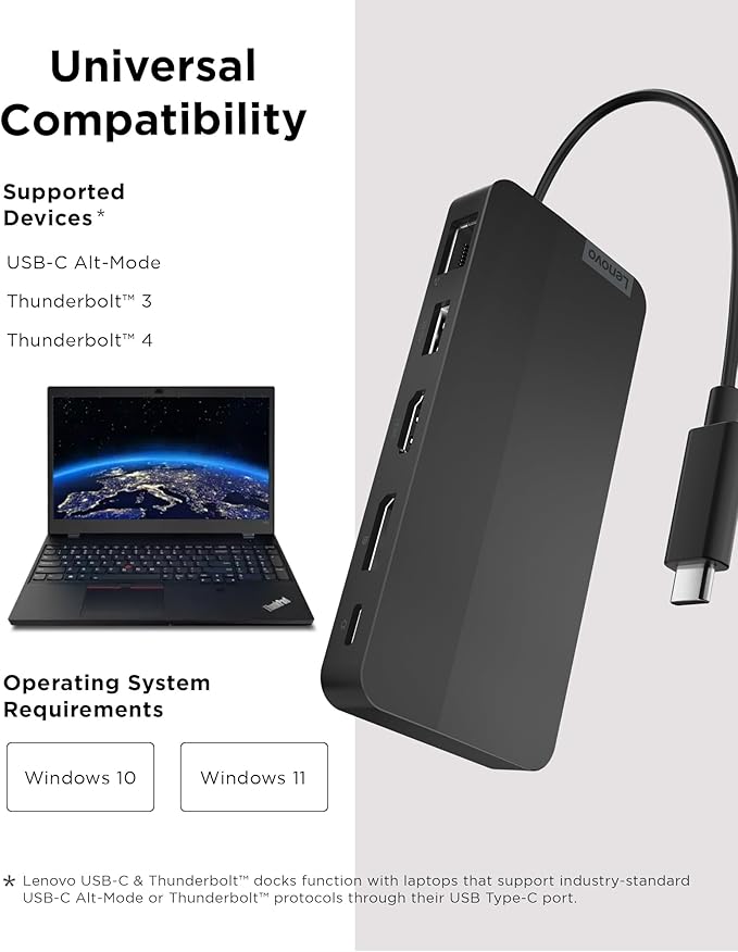 Lenovo USB-C Dual Display Travel Dock - 7 Ports, Integrated USB-C Cable, Universal Compatibility, Dual Displays at 4K - Black