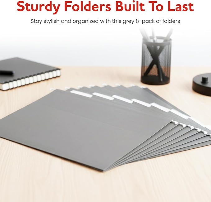 Grey Hanging File Folders – 8 Pack, Letter Size File Organization Folders for Home, Office, School & Filing Cabinets