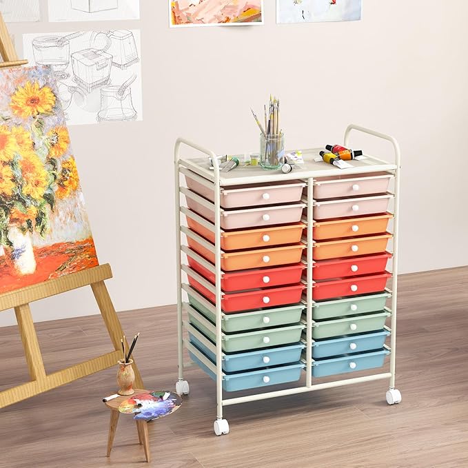 COSTWAY 20-Drawer Rolling Storage Cart, Multipurpose Storage Trolley on Wheels for Home Office, School, Macaron