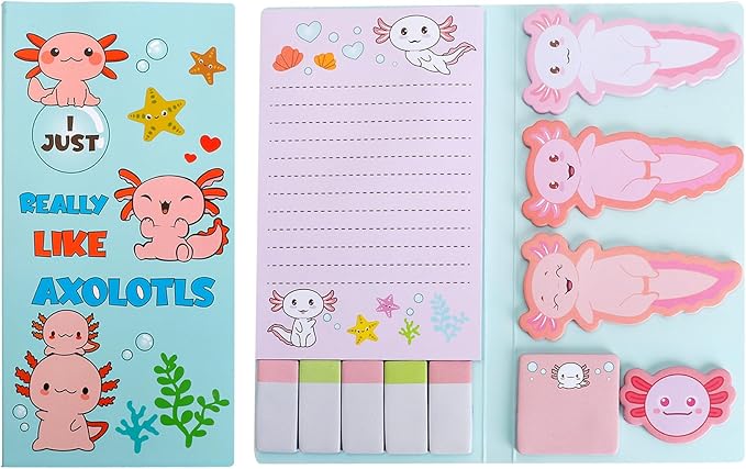 QPIXVB Cute Sticky Notes,Axolotl Sticky Notes Set,Axolotl Gifts,Post It Notes,440 Sheets,Back to School Supplies,Axolotls Birthday Party Decorations,Animal Writing Memo Pads for Kids Employee