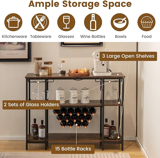COSTWAY Wine Bar Cabinet, 3-Tier Home Mini Bar for Liquor w/Power Outlets, Glass Holder, Wine Rack, Anti-Tipping Kit, Metal Coffee Bar Table for Home Apartment Kitchen Living Room Pub (Brown)