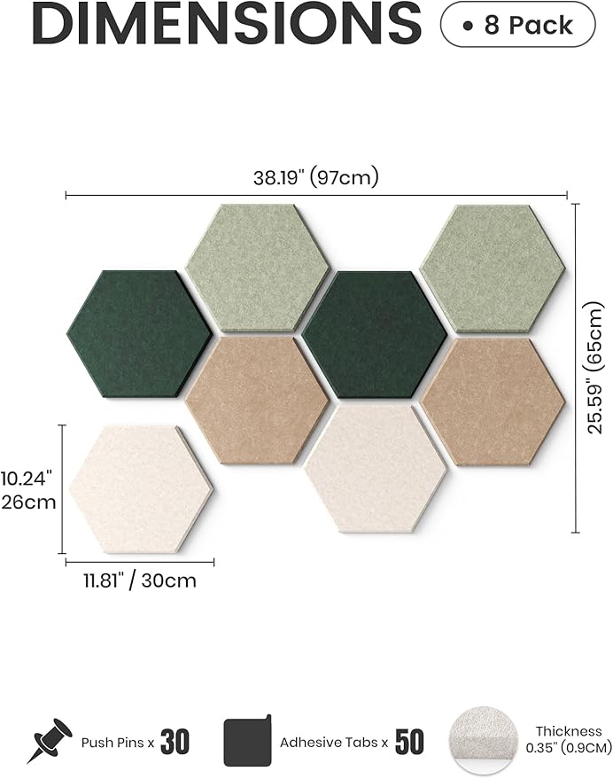Fluxynara Hexagon Cork Board Alternative for Walls Decor-8-Pack Felt Bulletin Board Tiles,with 30 Pushpins,50 Adhesive Tabs for Office,Classrooms & Home Pin Board Felt Board-Nordic Moss